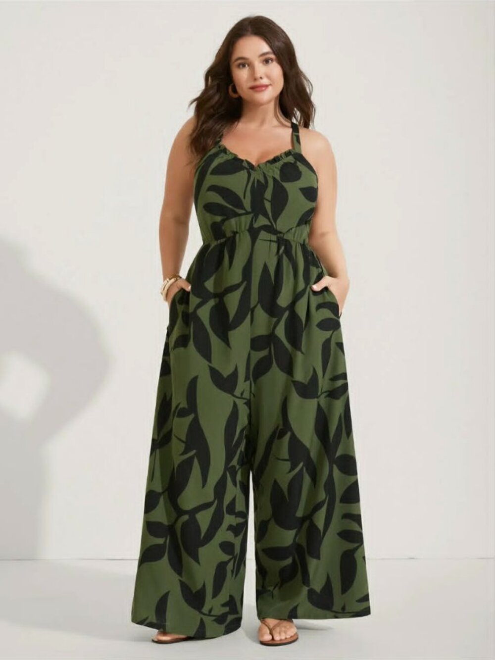 BloomChic Olive & Black Leaf-Print Wide-Leg Plus Jumpsuit